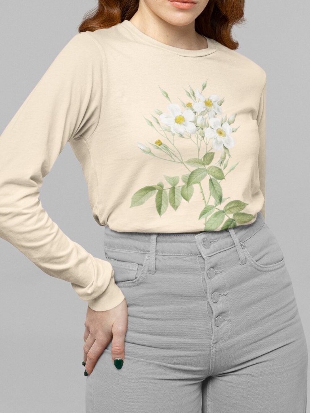 Musk Rose Vintage Floral Print Long Sleeve Graphic Tee T-shirt S-XXL